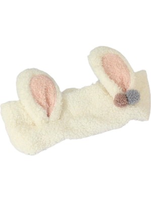 Braventa Collection Toyaş Tavşan Kulaklı Peluş Bandana Makyaj Spa Saç Bandı Beyaz
