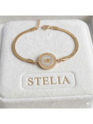 Stelia Paslanmaz Çelik Gold - Altın Renk Italyan Zincir Zirkon Taşlı Göz Işlemeli Madalyon Model Kadın Bileklik