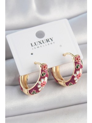 Ergün Collection Pirinç Gold Renk Halka Mor Çiçek Mineli Kadın Küpe