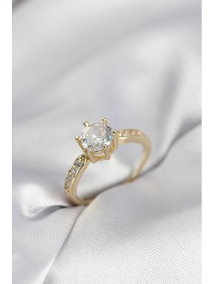 Ergün Collection Zirkon Taşlı Tek Taş Model Gold Renk Kadın Yüzük