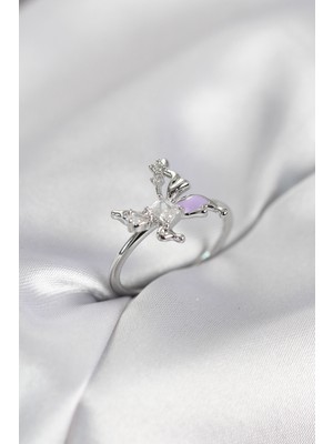 Ergün Collection Gümüş Renk Kelebek Model Zirkon Taşlı Kadın Yüzük