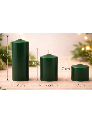 Braventa Collection 3’lü Silindir Blok Mum Seti, Koyu Yeşil Dekoratif Sütun Mumlar, Içten Yanan Fitil, 7 cm Çap, 7, 10,