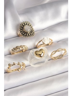 Ergün Collection Pirinç Gold Renk Beyaz Gül Figür Kalp Işlemeli Sarmal Detay 6'lı Kadın Yüzük Seti