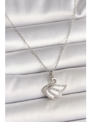 Ergün Collection 316L Çelik Gümüş Renk Zincir Zirkon Taşlı Kuğu Model Kadın Kolye