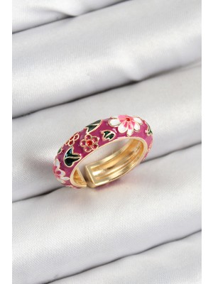 Ergün Collection Pirinç Fuşya Mineli Çiçek Motifli Gold Renk Ayarlanabilir Kadın Yüzük