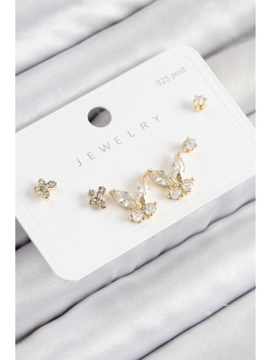 Ergün Collection Pirinç Zirkon Taşlı Kelebek Model Gold Renk 925 Ayar Gümüş Çivi Kadın Küpe Set