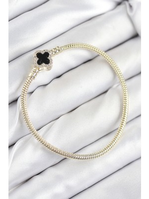 Ergün Collection Pirinç Charm Zirkon Taşlı Yonca Model Gold Renk Kadın Bileklik