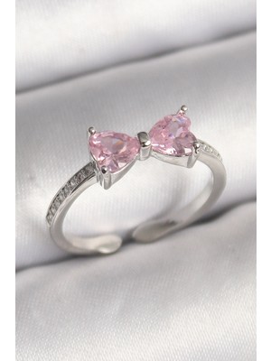 Ergün Collection Pirinç Gümüş Renk Pembe Zirkon Taşlı Kalp Fiyonk Model Kadın Yüzük