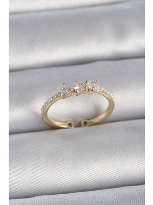 Ergün Collection Pirinç Gold Renk Zirkon Taşlı Kalp Inci Detaylı Ayarlanabilir Model Kadın Yüzük