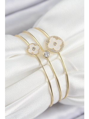 Ergün Collection Pirinç Zirkon Taşlı Yonca Model Gold Renk Vip 3'lü Kadın Bileklik