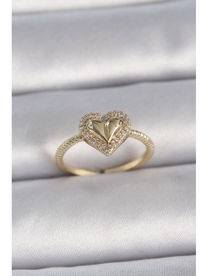 Ergün Collection Pirinç Gold Renk Ayarlanabilir Zirkon Taşlı Kalp Model Kadın Yüzük