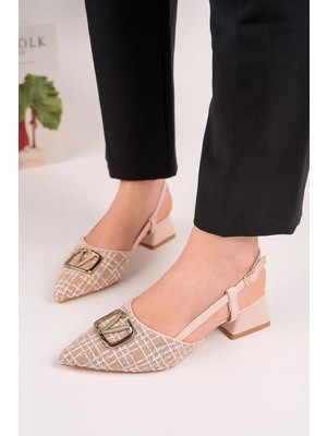 Homiro Kadın Toka Detaylı Slingback Kısa Topuklu Sivri Burun Ayakkabı - Bej