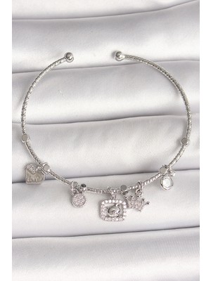 Ergün Collection Pirinç Gümüş Renk Sallantı Zirkon Taşlı Ayıcık Figür Taç Detay Charm Kadın Bileklik