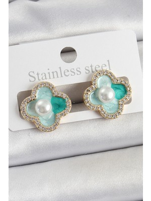 Ergün Collection Pirinç Yeşil Mineli Inci Detaylı Zirkon Taşlı Sanatsal Portre Yonca Model Gold Renk Kadın Küpe