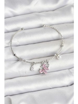 Ergün Collection Pembe Kelebek Charmlı Gümüş Renk Kadın Bileklik
