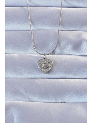 Ergün Collection 316L Gümüş Renk Zirkon Taşlı Işlemeli Göz Detay Kalp Kolye