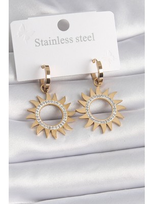 Ergün Collection 316L Çelik Gold Renk Zirkon Taşlı Güneş Model Kadın Küpe