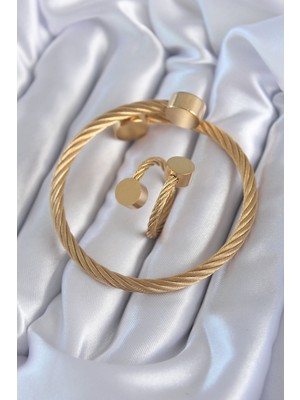 Ergün Collection 316L Çelik Gold Renk Sarmal Model Erkek Bileklik Yüzük Kombini