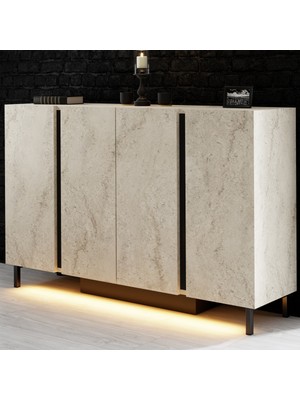 Modatte Mobilya MODATTE Paris Siyah Demir Ayaklı Rgb LED Işık Sistemli Traverten Konsol