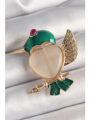 Ergün Collection Pirinç Gold Renk Beyaz Mineli Kalp Yeşil Sinek Kuşu Model Pembe Zirkon Taş Detay Kadın Broş