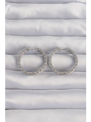 Ergün Collection Pirinç Gümüş Renk Zirkon Taşlı Motifli Halka Küpe