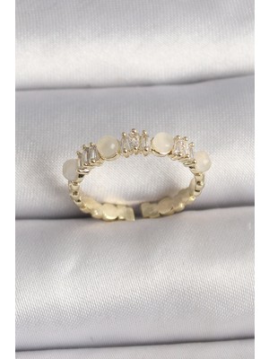 Ergün Collection Pirinç Gold Renk Zirkon Taşlı Beyaz Mineli Ayarlanabilir Yüzük