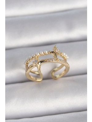 Ergün Collection Pirinç Gold Renk Ayarlanabilir Zirkon Taşlı Incili Yıldız Model Kadın Yüzük