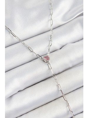 Ergün Collection Pirinç Zirkon Taşlı Pembe Kalp Figürlü Y Model Gümüş Renk Kadın Kolye