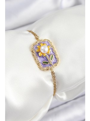Ergün Collection 316L Çelik Zincir Mor Mineli Sanatsal Portre Inci Detaylı Papatya Model Gold Renk Kadın Bileklik