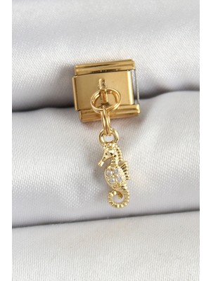 Ergün Collection 316L Çelik Sallantılı Zirkon Taşlı Çiçek Model Gold Renk Nomination Charm