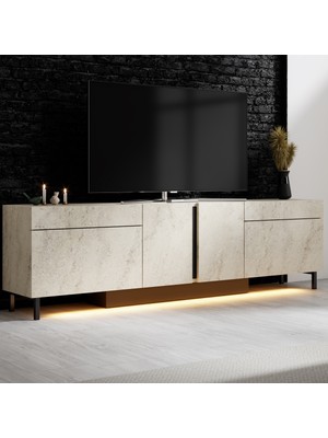 Modatte Mobilya MODATTE Paris Siyah Demir Ayaklı Rgb LED Işık Sistemli Traverten Tv Ünitesi Tv Sehpası