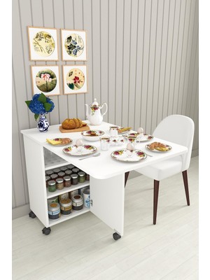 Braventa Collection Asratrend Ma-01 Katlanabilir Mutfak Adası – Tekerlekli, Dolaplı, Açılır Yemek Masası (Ma-01 Beyaz)
