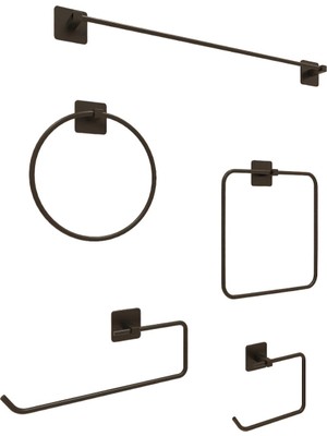 Braventa Collection Alper Banyo Yapışkanlı Aksesuar Seti Havluluk T.kağıtlık ve Peçetelik Kare Siyah 5 Li Set