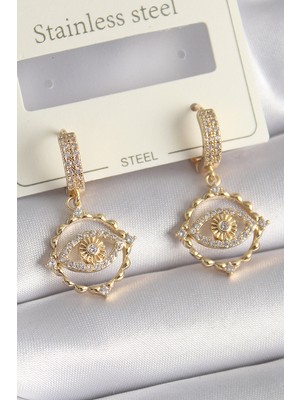 Ergün Collection Pirinç Gold Renk Zirkon Taşlı Göz Model Kadın Küpe