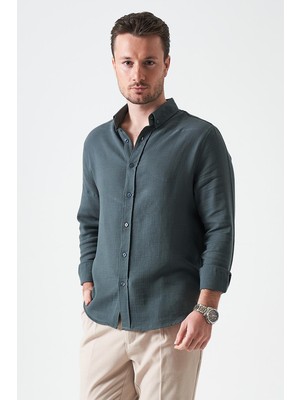 Tena Erkek Çam Yeşili Uzun Kol Regular Basic Müslin Gömlek