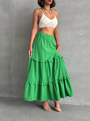 Ergün Collection Fırfırlı Brodeli Astarlı Uzun Etek Yeşil S255047