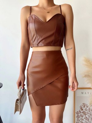 Ergün Collection Kapaklı Asimetrik Model Deri Etek Kahve