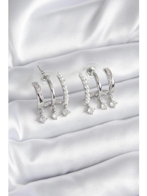 VeraGlobe Buğz Pirinç Gümüş Renk Zirkon Taş Detay Incili Kadın Küpe - Buğz