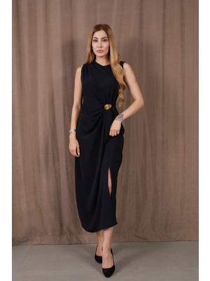 Ergün Collection Kadın Kalın Askılı Yırtmaçlı Linda Kumaş Elbise