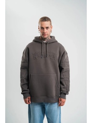Sidelya Concept Erkek Nakış Işlemeli Kapşonlu Antrasit Sweatshirt Üç Iplik Double Oversize- Füme