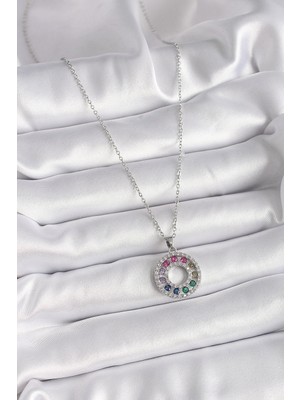 VeraGlobe Buğz 316L Çelik Gümüş Renk Zincir Renkli Zirkon Taşlı Madalyon Model Kadın Kolye - Buğz