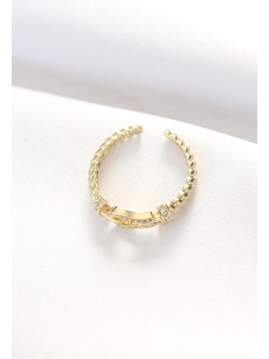 VeraGlobe Buğz Kemer Tokası Tasarımlı Gold Renk Zirkon Taşlı Ayarlanabilir Yüzük - Buğz