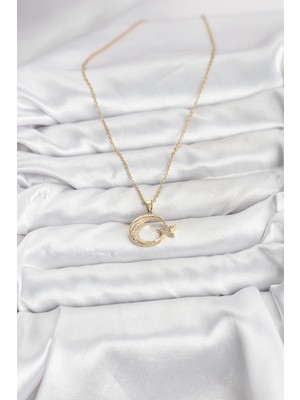 VeraGlobe Buğz 316L Çelik Zincir Gold Renk Ay Yıldız Model Zirkon Taşlı Kadın Kolye - Buğz