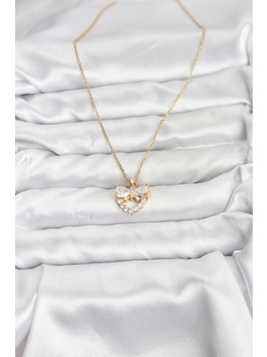 VeraGlobe Buğz 316L Çelik Zincir Gold Renk Kalp ve Fiyonk Model Zirkon Taşlı Kadın Kolye - Buğz