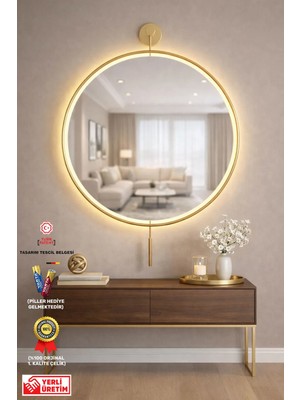 Wallover Design Büyük Boy Massivve Gold 50 cm Kablosuz Pilli LED Ayna, Makyaj Aynası, Dresuar Aynası Modern Dekoratif Duvar Aynası