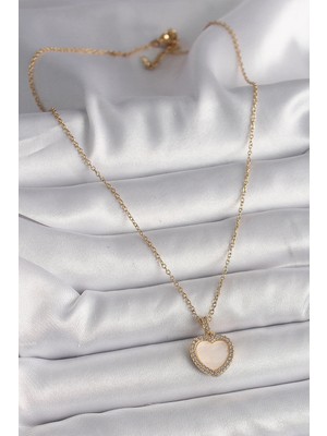 VeraGlobe Buğz 316L Çelik Gold Renk Zincir Zirkon Taşlı Beyaz Mineli Kalp Model Kadın Kolye - Buğz