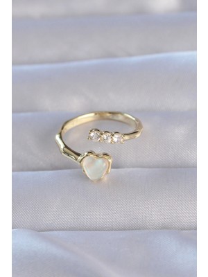 VeraGlobe Buğz Pirinç Gold Renk Zirkon Taşlı Sedefli Kalp Model Ayarlanabilir Yüzük - Buğz