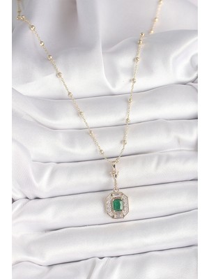 VeraGlobe Buğz Pirinç Gold Renk Zirkon Taşlı Topçuk Zincir Serenay Model Kadın Kolye - Buğz