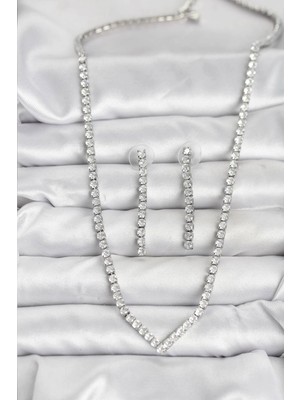 VeraGlobe Buğz Gümüş Renk Zirkon Taşlı Kadın Kolye Küpe Seti - Buğz