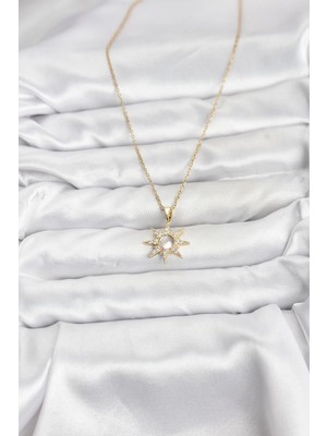 VeraGlobe Buğz 316L Çelik Zincir Gold Renk Kutup Yıldızı Model Zirkon Taşlı Kadın Kolye - Buğz